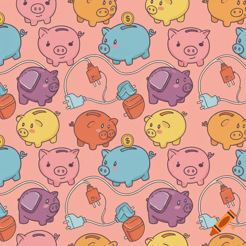 A seamless pattern illustration of cute, colorful piggy banks and power plugs on a pink background.