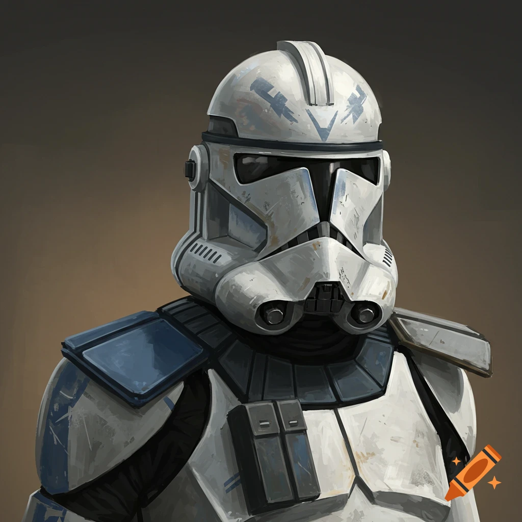 Close-up painting of a weathered Star Wars clone trooper in white and blue armor.