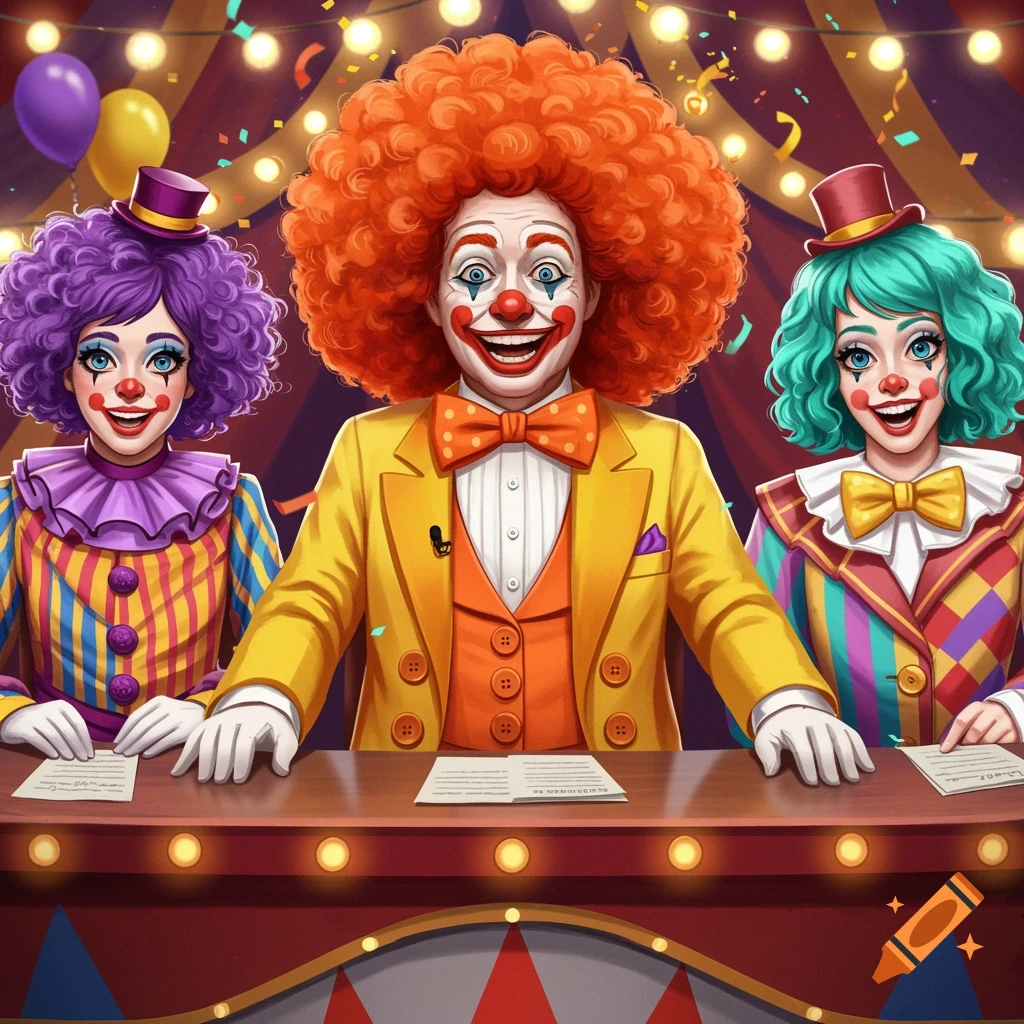 Three colorful clowns sit at a table with papers in a circus setting.