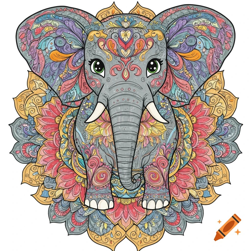 A whimsical cartoon elephant with big eyes stands in front of a vibrant, detailed floral mandala design.