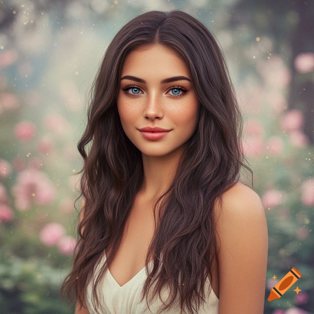 Realistic portrait of a young woman with blue eyes in a garden