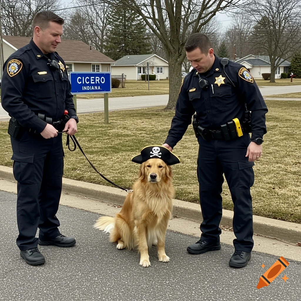 Two police officers stand with a golden retriever dog wearing a pirate hat near a sign that says Cicero, Indiana.