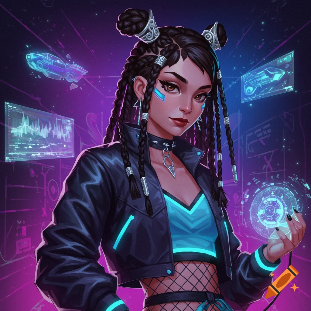 Cyberpunk illustration of a woman with braided hair and tech in a futuristic setting.