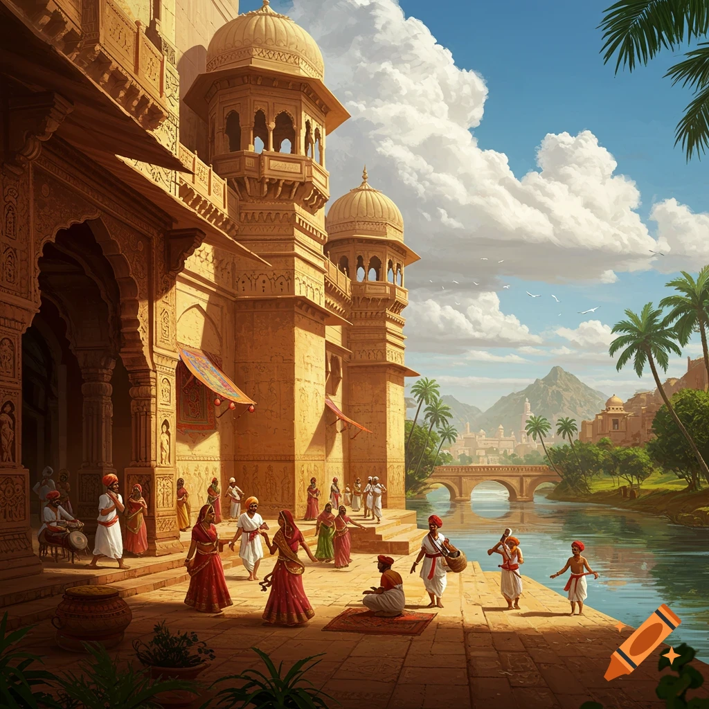 People gather near an ornate building by a river in an ancient Indian landscape