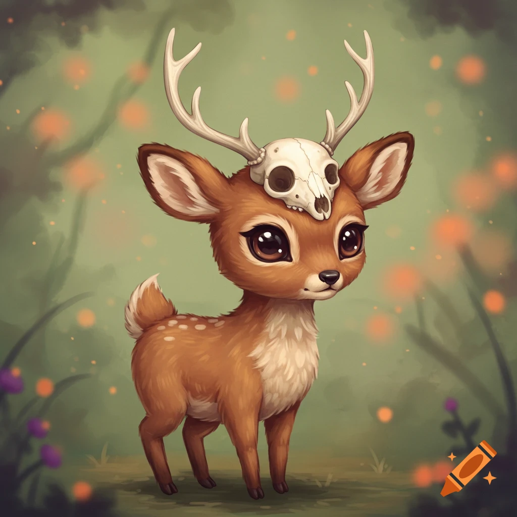 A cute, stylized deer wears a skull with antlers on its head in a forest.
