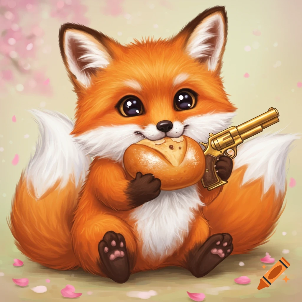 A cute cartoon fox sits, holding a small loaf of bread and a golden revolver.