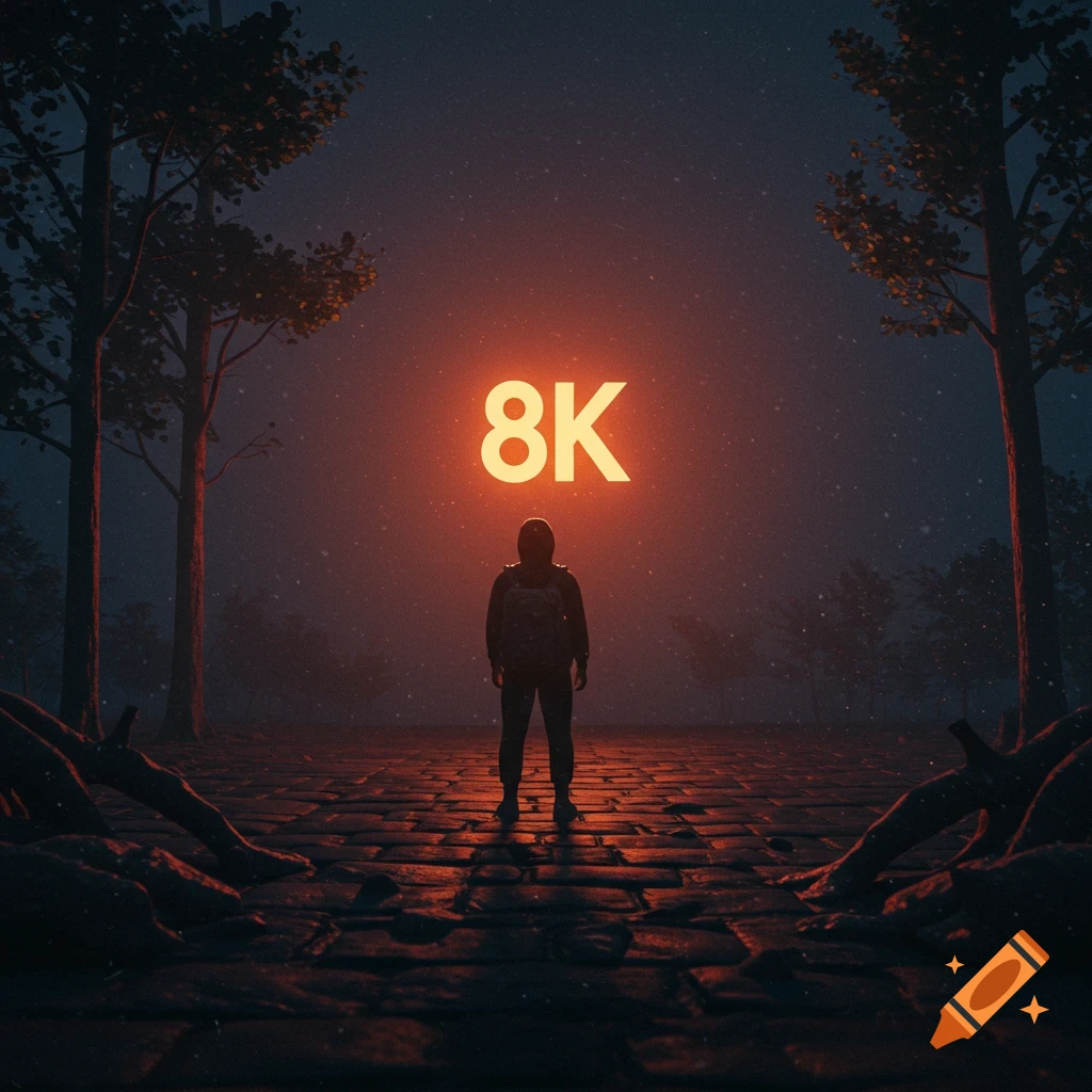 A person stands under a glowing '8K' text in a dark forest clearing at night.