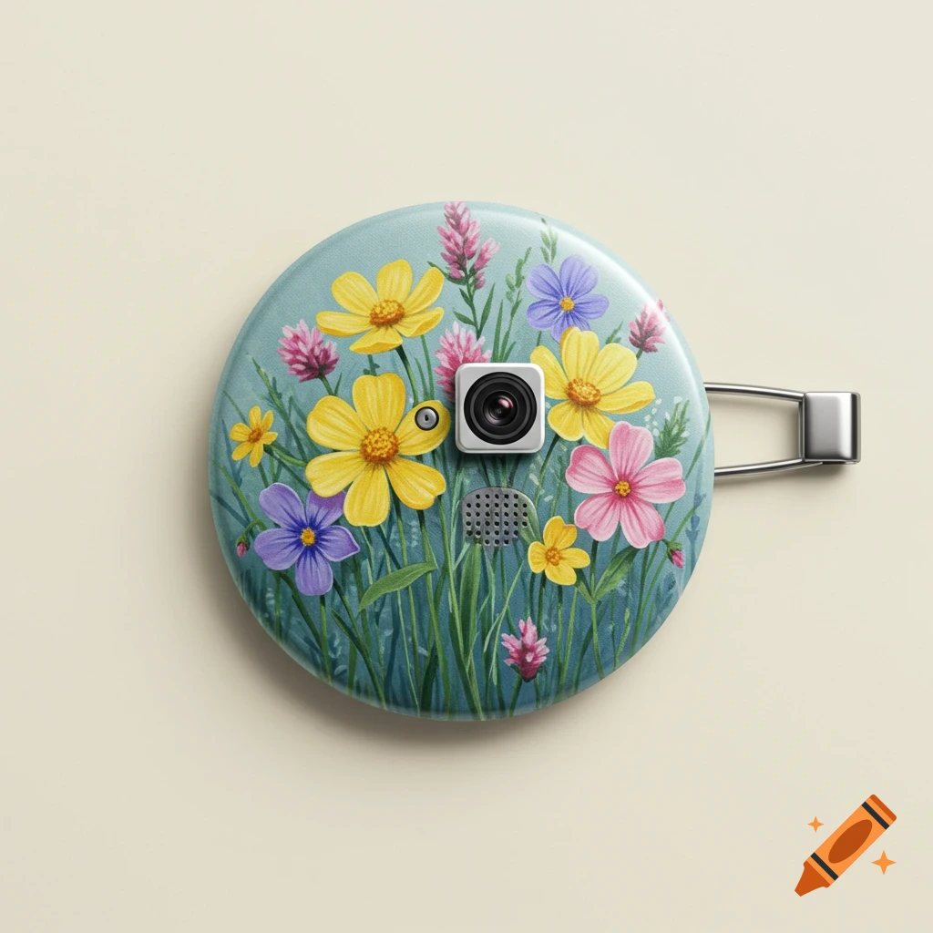 A round wearable button with a painted floral design featuring a camera lens and speaker grill, and a metal clip.