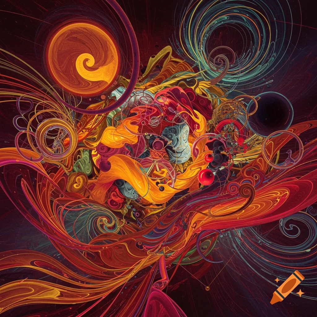 Complex abstract generative art with swirling lines and shapes in vibrant orange, red, yellow, blue, and purple on a dark background.