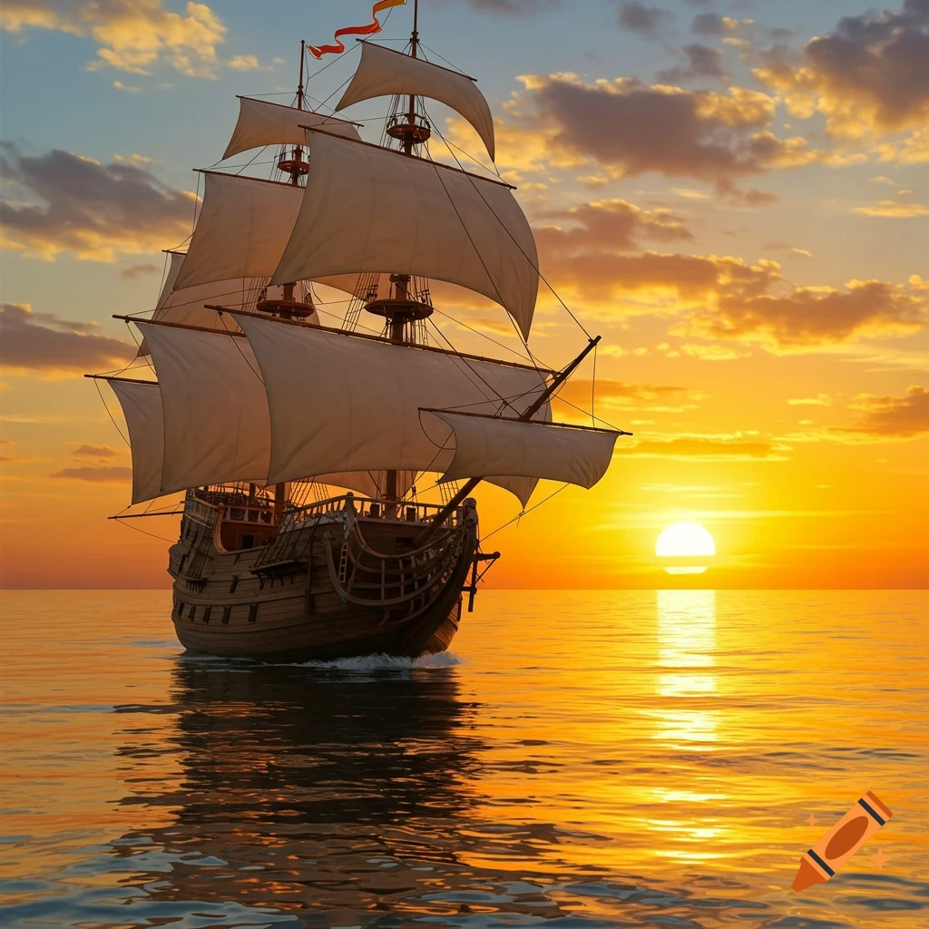 A tall ship sails on the ocean at sunset.