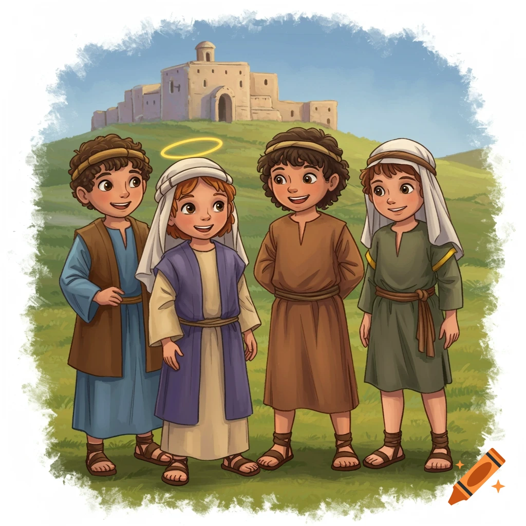 Four young boys in historical clothing stand on a hill in front of a building in a cartoon illustration.