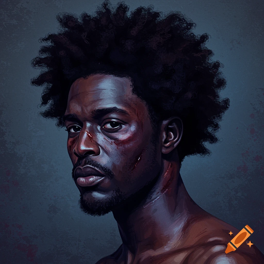 A person with an afro hairstyle and face injuries.