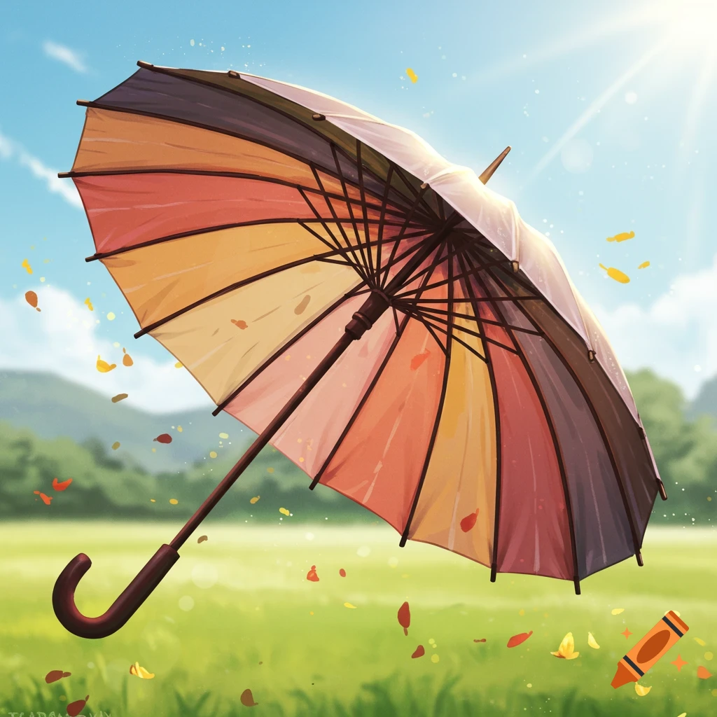 A colorful umbrella floats above a green field with falling autumn leaves, illustration.