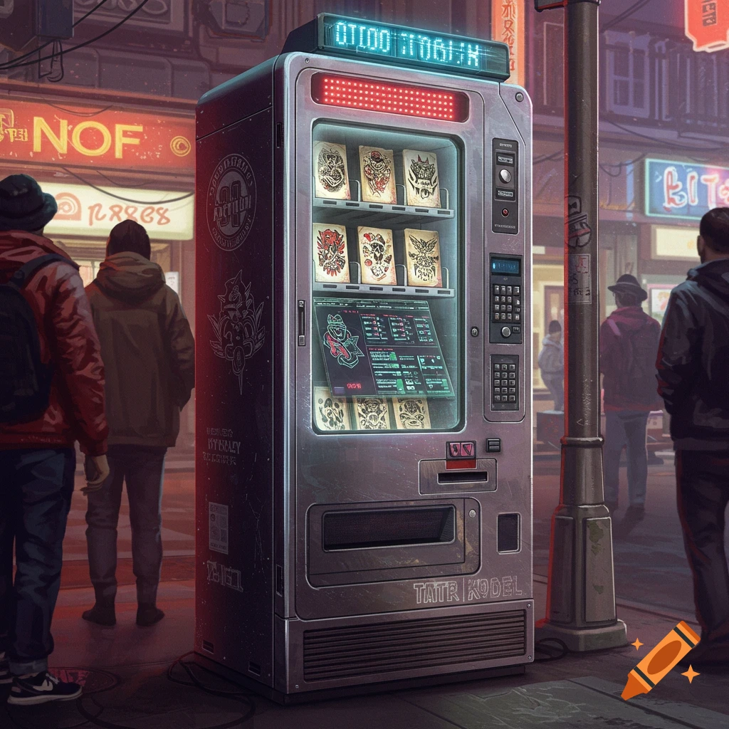 A detailed image of a high-tech vending machine selling tattoo designs on a city street at night. People stand nearby.