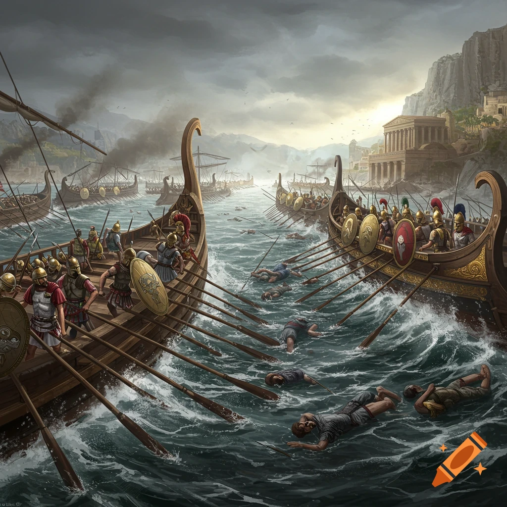 Epic illustration of an ancient naval battle with multiple ships, soldiers, and people in choppy water.