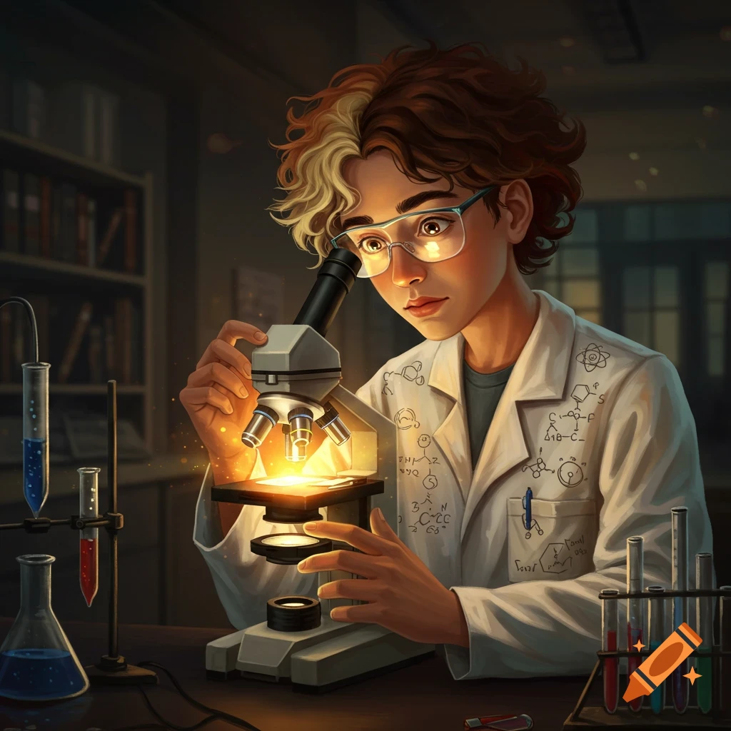 A young person with split hair looks through a microscope in a dimly lit lab, with flasks and beakers.