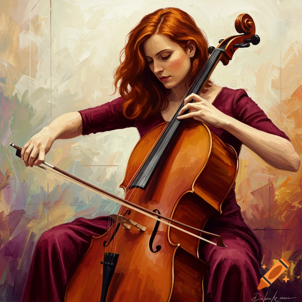Woman playing a cello in a painterly style.