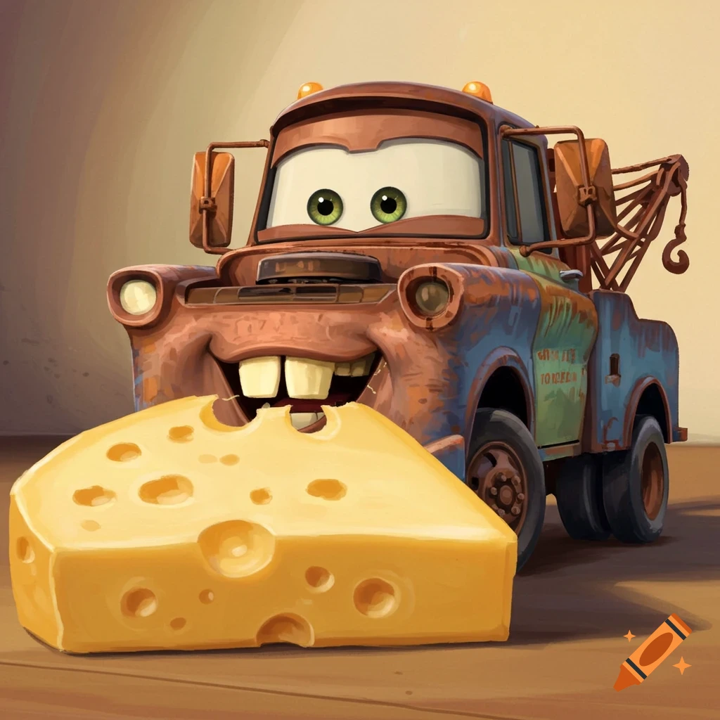 Mater from Disney Pixar's Cars eating a large wedge of swiss cheese.
