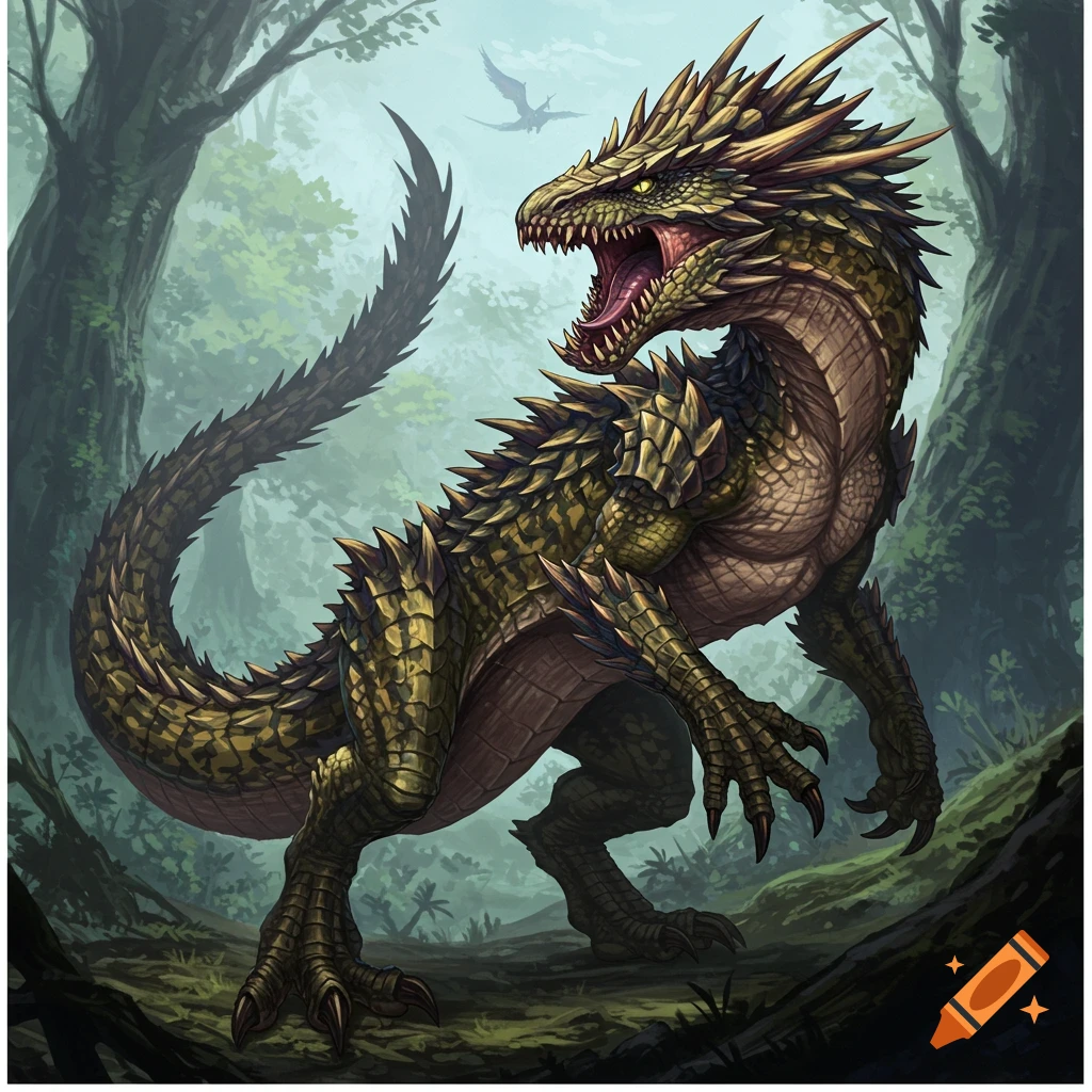 A spiky green dragon-like creature stands in a forest.