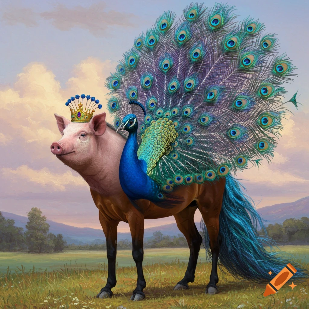 Hybrid creature with a pig head, horse body, and peacock tail wearing a crown in a grassy field painting.