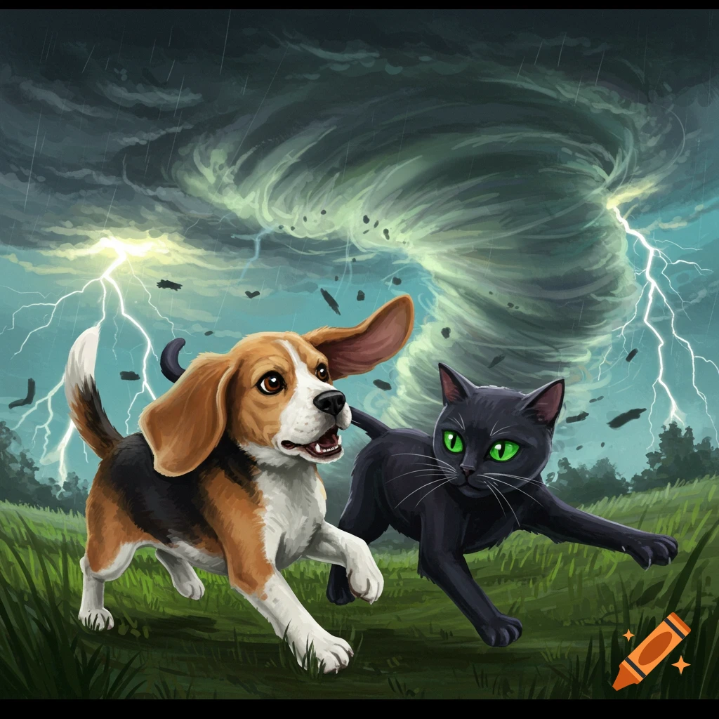 Beagle and black cat running from a tornado during a lightning storm, illustrated style.