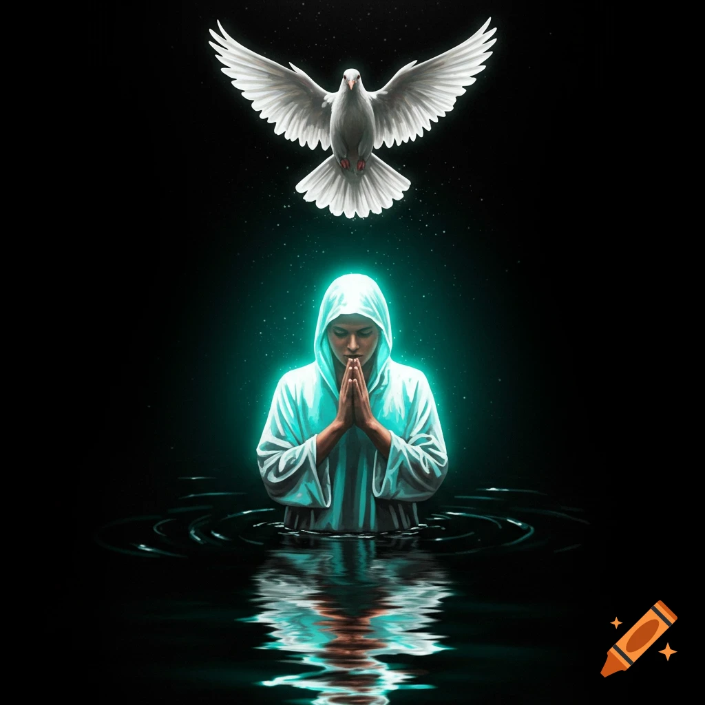 A person in a glowing hooded robe stands in dark water with hands clasped, beneath a descending white dove.