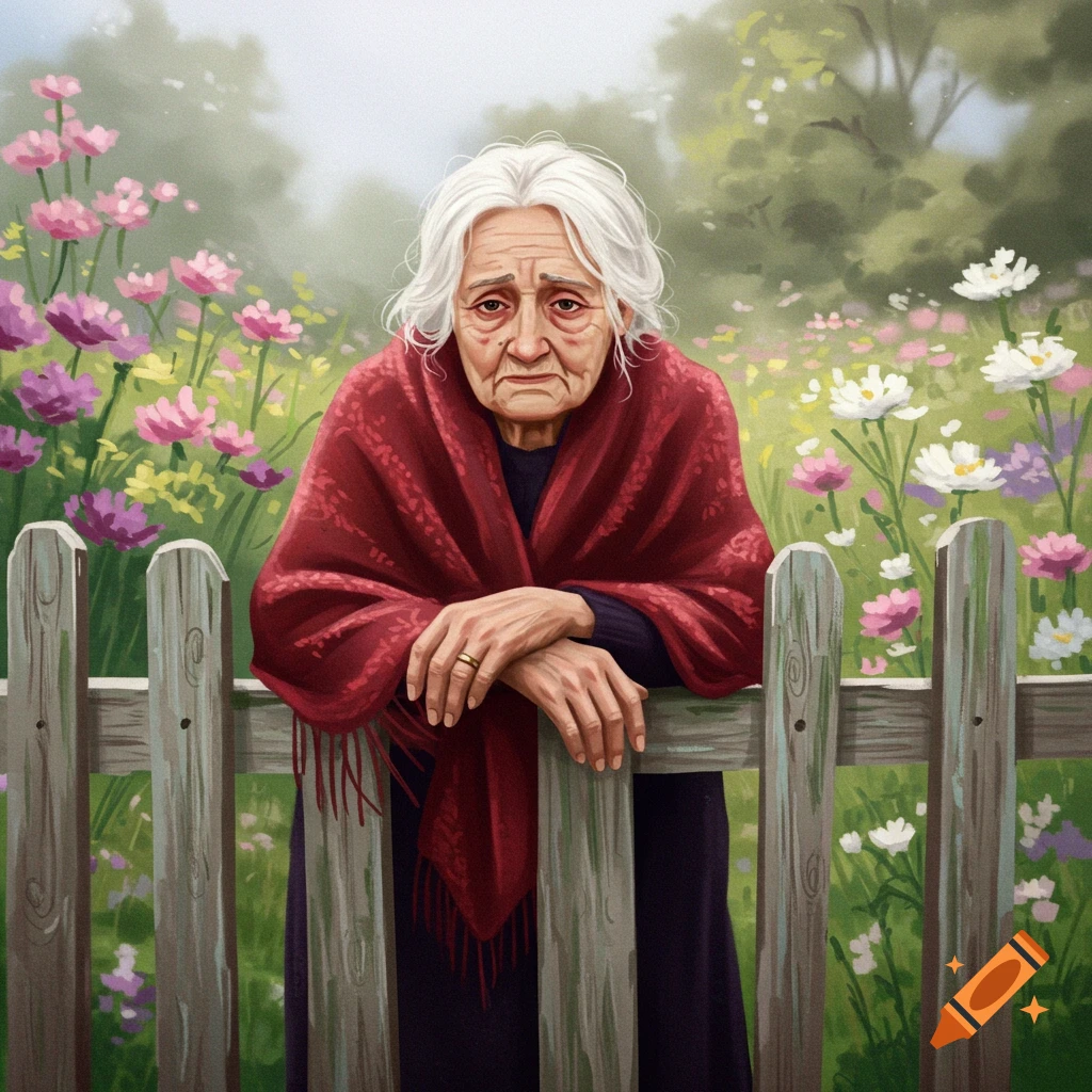 An elderly woman in a red shawl leans on a wooden fence in a flower garden, painted style.