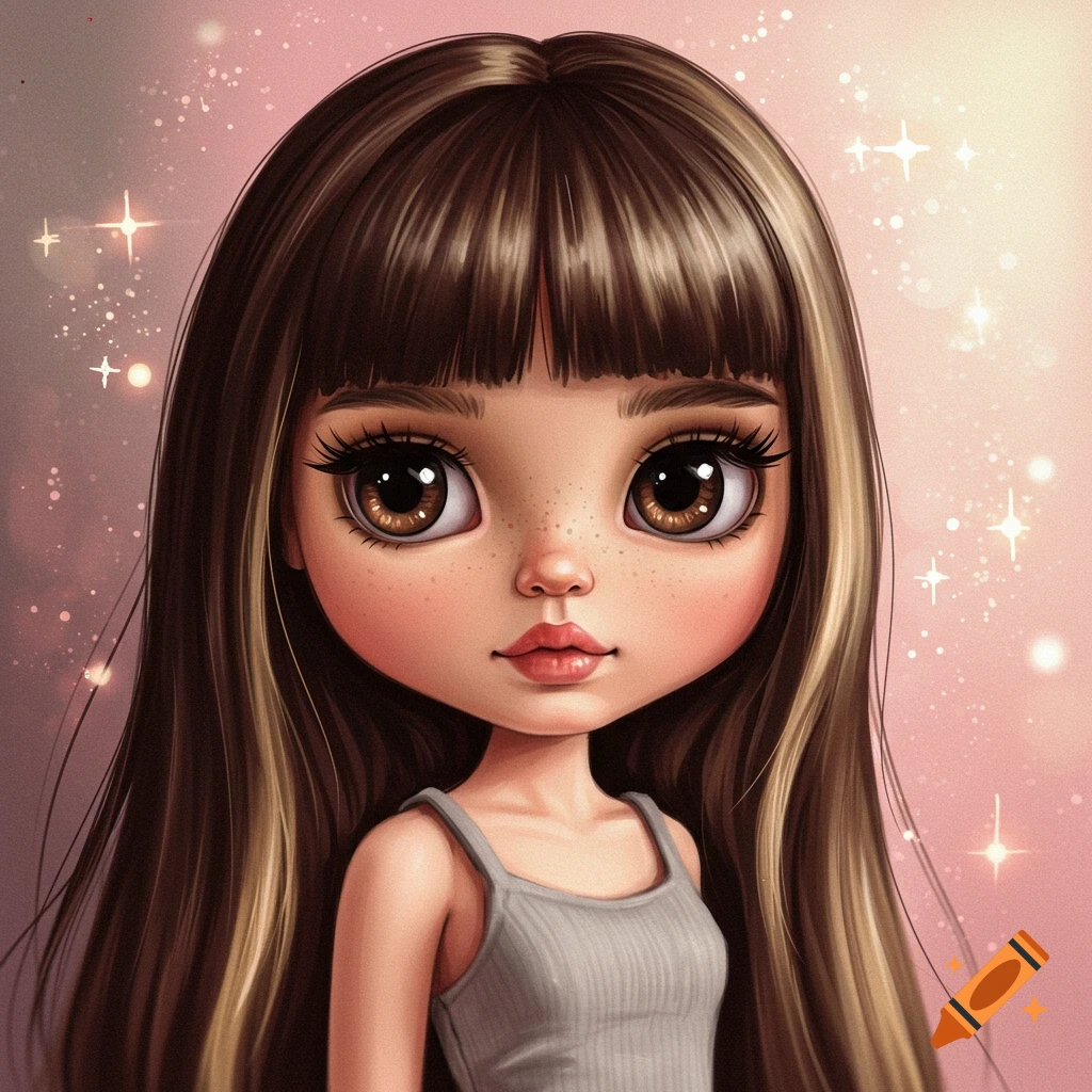 Stylized portrait of a doll with large eyes, brown hair with highlights, bangs, freckles, and a grey tank top.