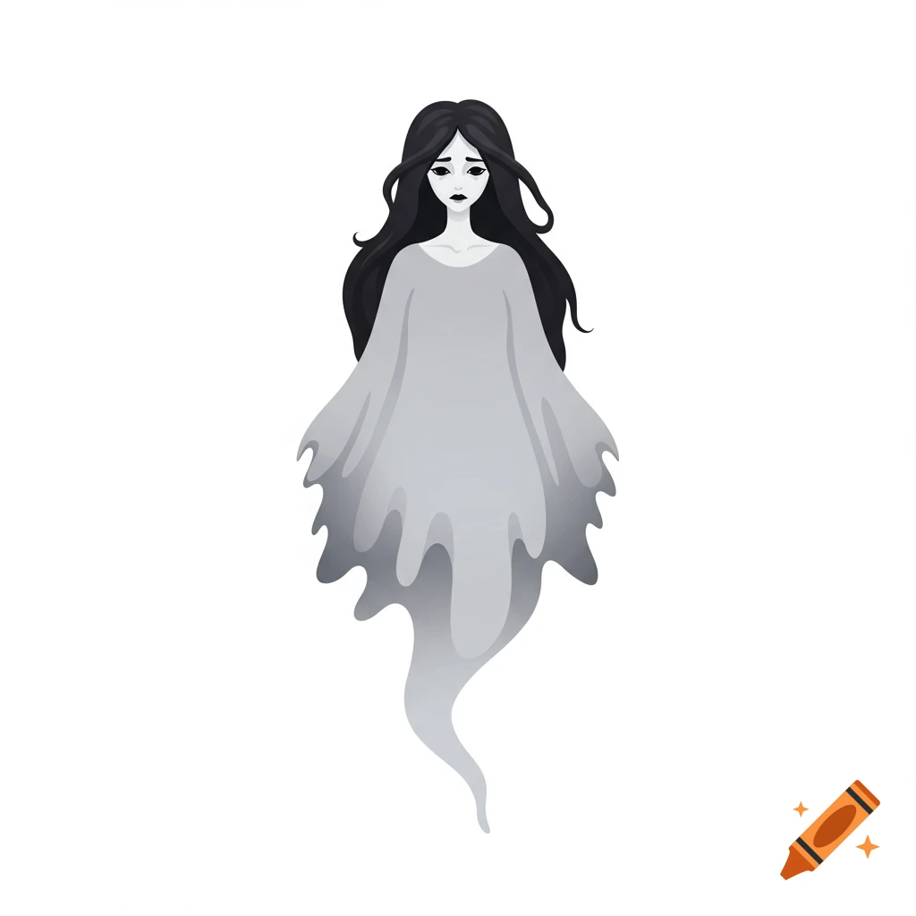 Stylized illustration of a ghost with long black hair and a flowing grey form.