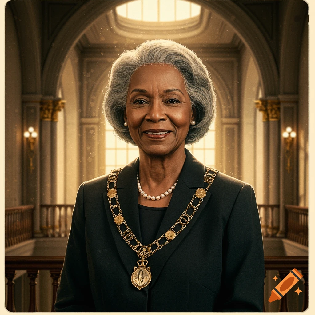 A smiling older Black woman in a suit and chain of office stands in a grand interior.