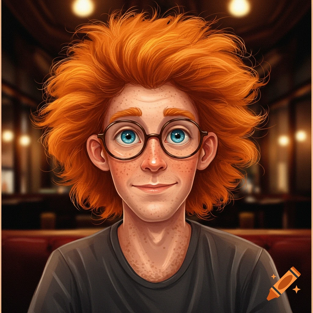 Cartoon portrait of a boy with red hair, freckles, blue eyes, and glasses, smiling in a restaurant