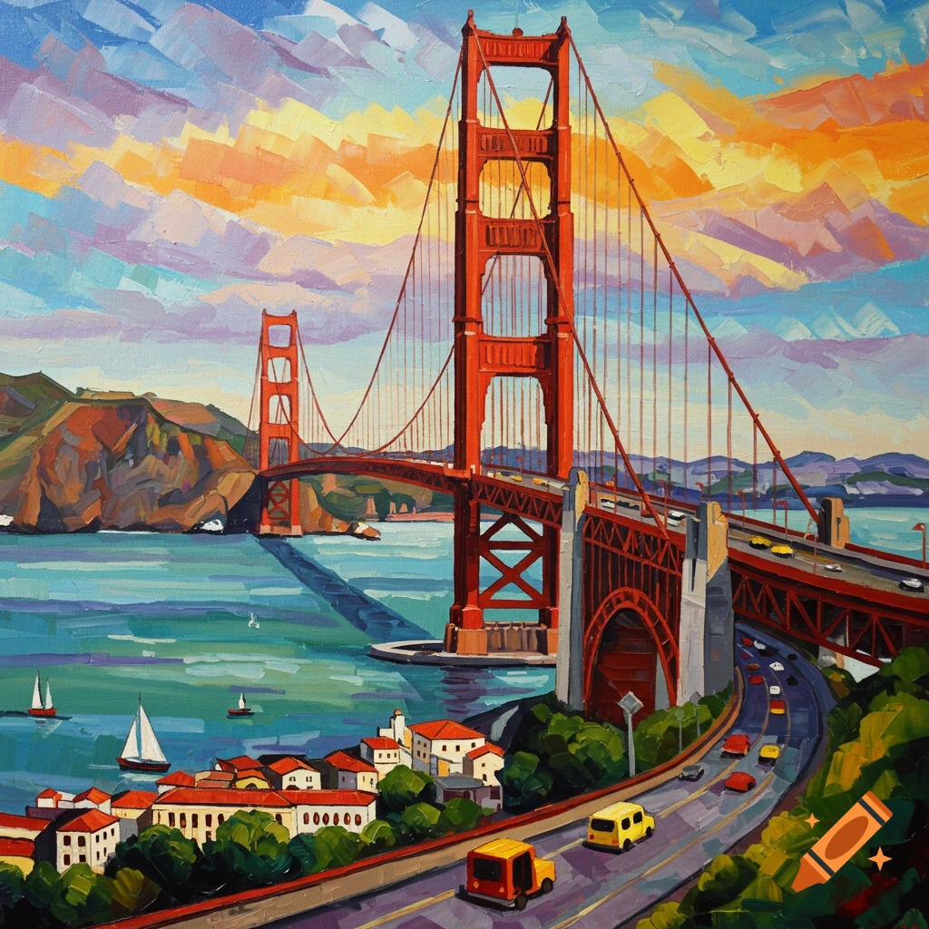Colorful painting of the Golden Gate Bridge and surrounding landscape