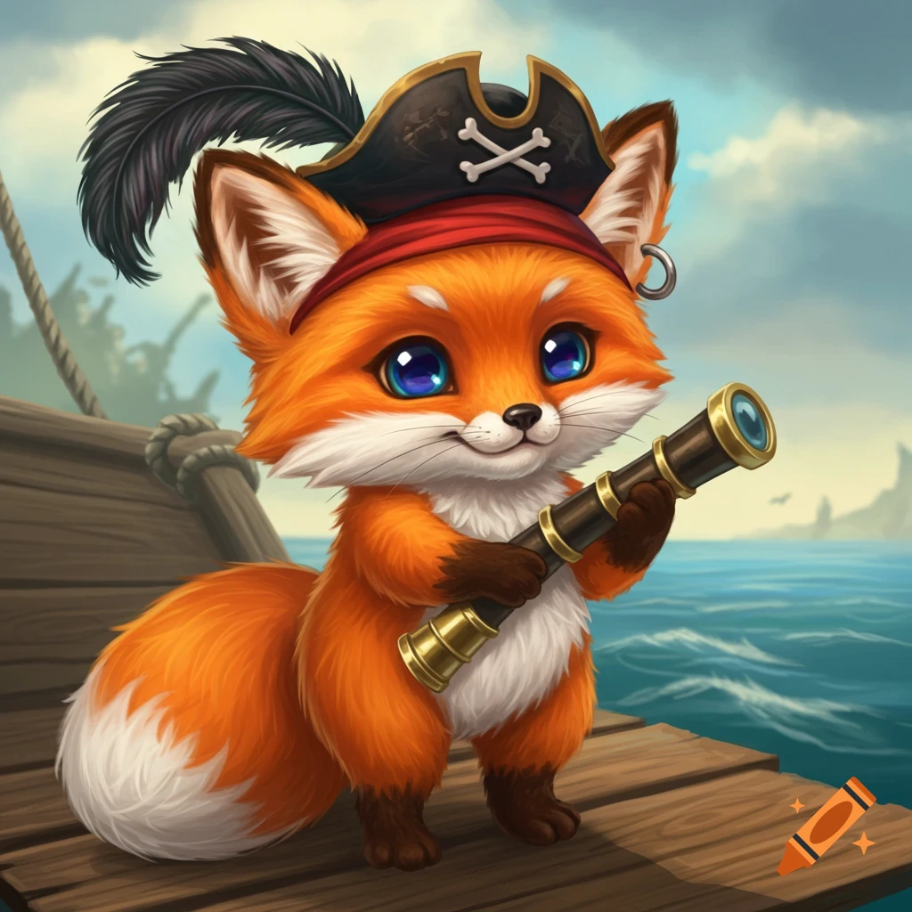 A cute cartoon fox wearing a pirate hat and holding a telescope stands on a ship deck, looking out at the ocean.