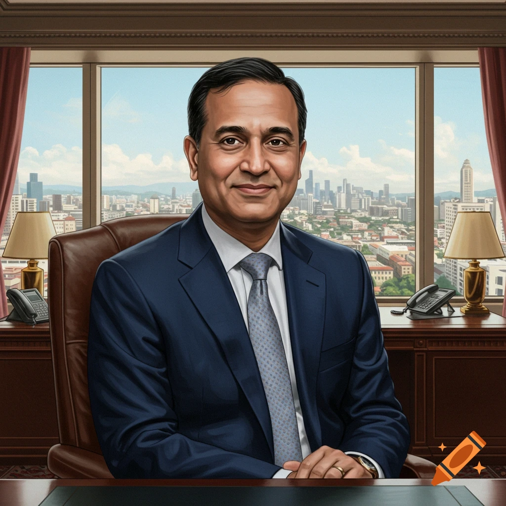 A man in a suit sits at a desk in an office overlooking a city skyline. Photorealistic style.