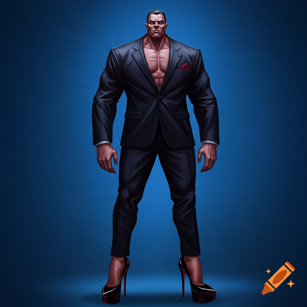 Muscular man in a suit and black high heels standing, illustration.