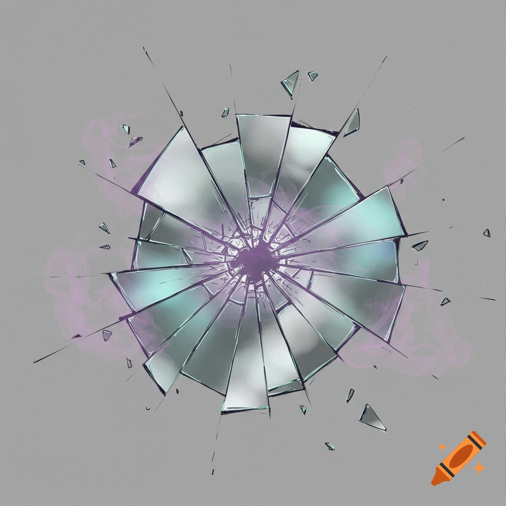 An abstract image of a shattered mirror with purple smoke against a grey background.