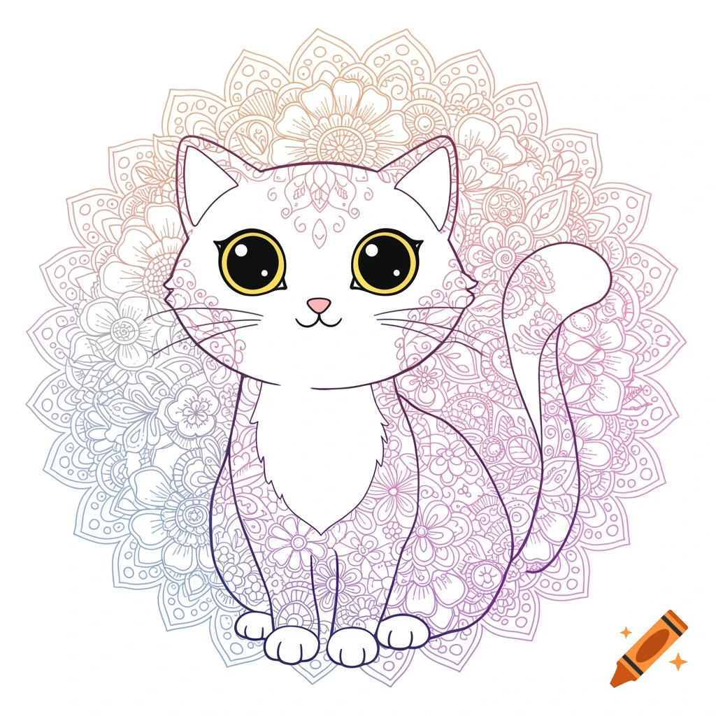 Cartoon cat within a detailed floral mandala, line art style