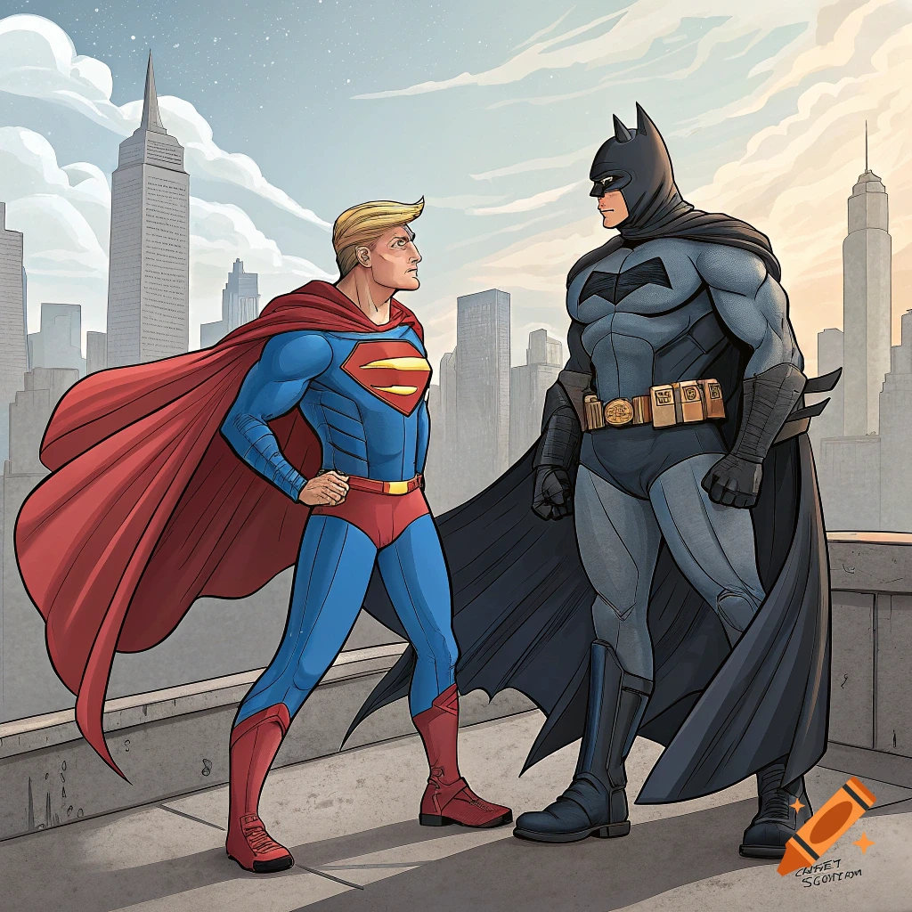 Donald Trump as Superman and Elon Musk as Batman stand on a rooftop overlooking a city skyline in a comic art style.