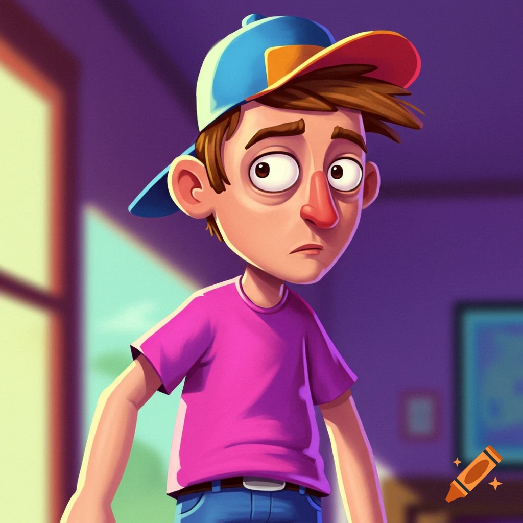 Cartoon illustration of a boy in a pink shirt and cap looking confused