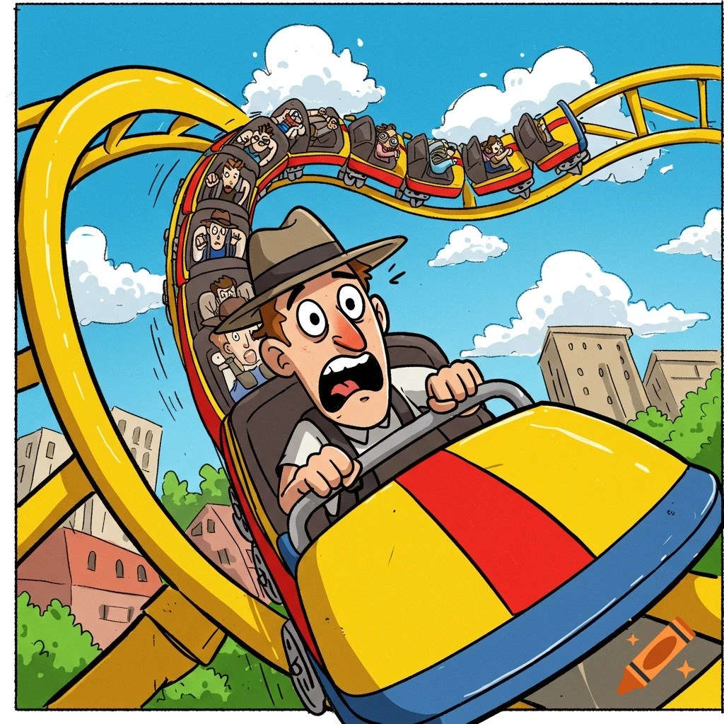 Cartoon illustration of a man screaming on the front of a wild roller coaster ride.