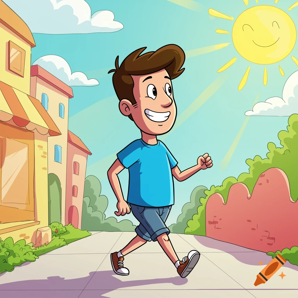 Cartoon man walking on a sunny path past buildings and trees