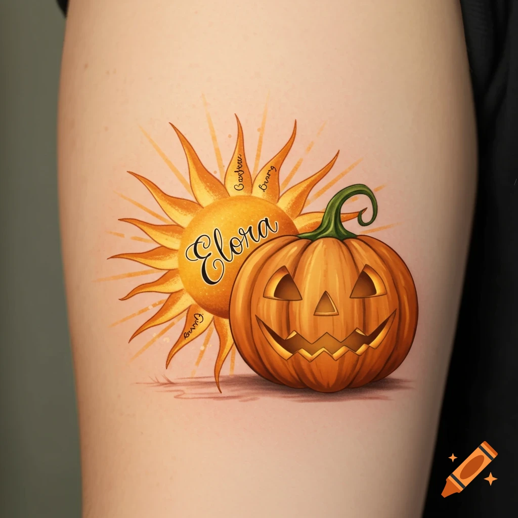 A tattoo of a sun with the name Elora and a jack-o'-lantern pumpkin on an arm.