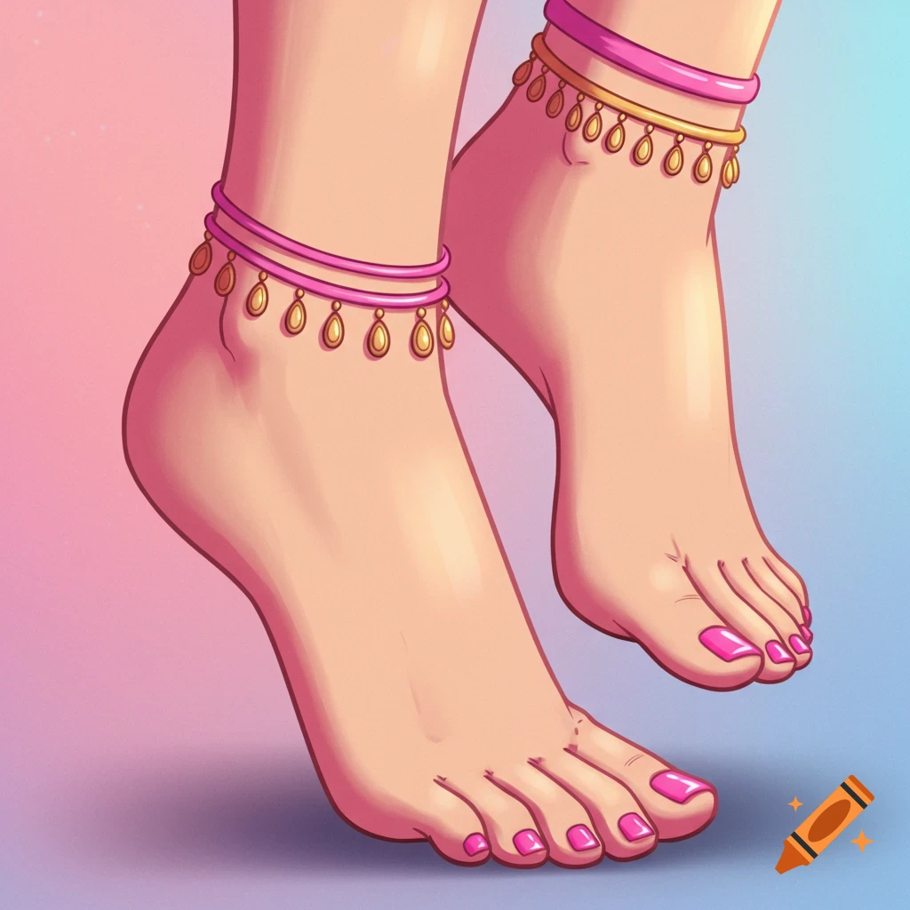 Illustrated feet wearing pink and gold anklets with pink nail polish