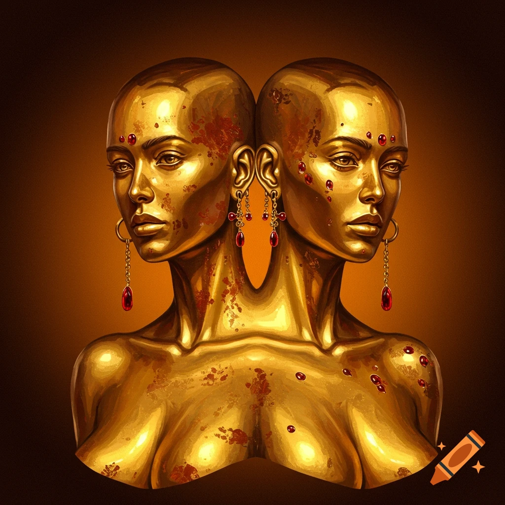 A fantasy portrait of two conjoined figures made of gold, adorned with red jewels.