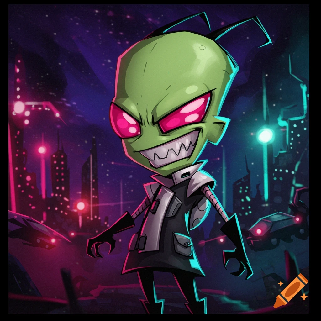 Invader Zim stands in a dark, neon-lit sci-fi city.