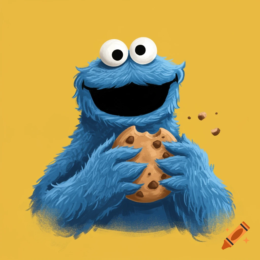 Cookie Monster holds and eats a chocolate chip cookie.