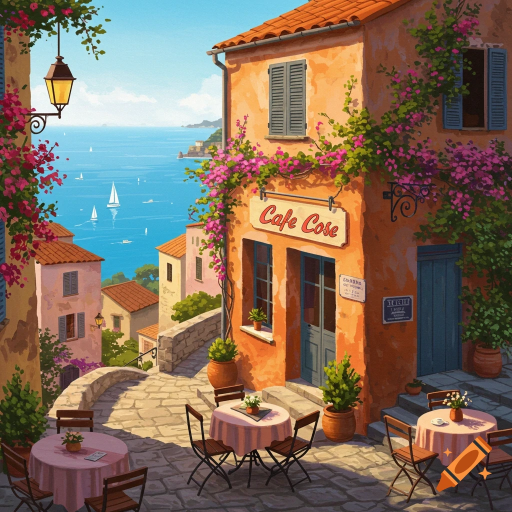 A painted scene of a cafe with outdoor tables in a sunlit European village overlooking the sea.