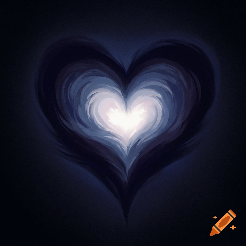 Abstract heart shape with glowing center and dark shadow brushstrokes.