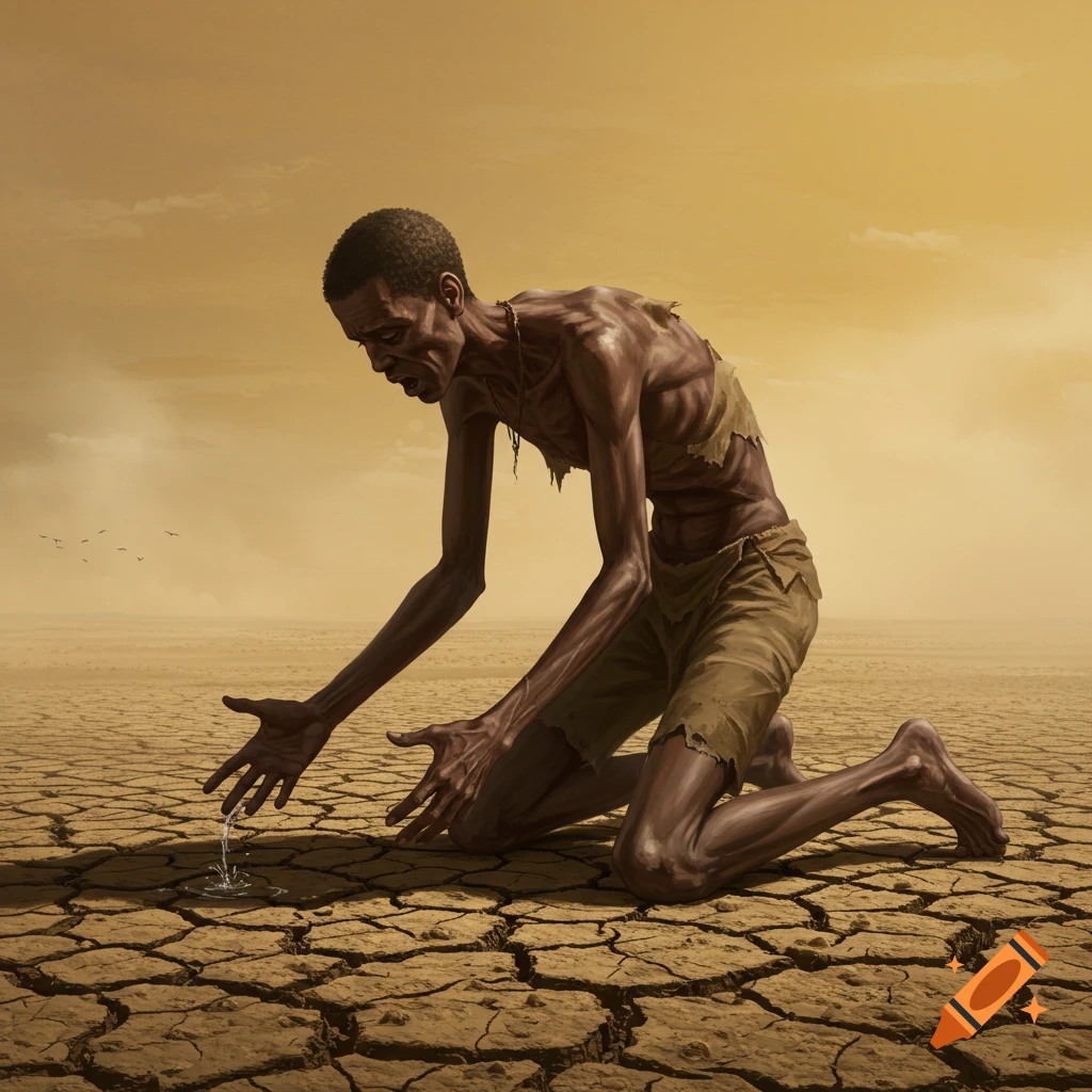 A very thin man on his knees in a cracked desert, reaching out towards a small puddle of water.