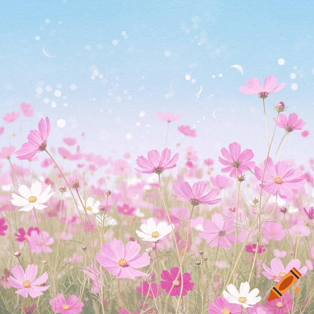Pink and white cosmos flowers bloom in a field under a blue sky with stylized bokeh